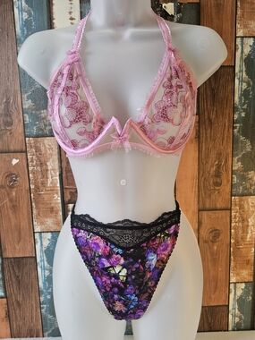 Sheer Pink Floral Lace Underwire Bralette and Purple Floral High-Cut Panty Set